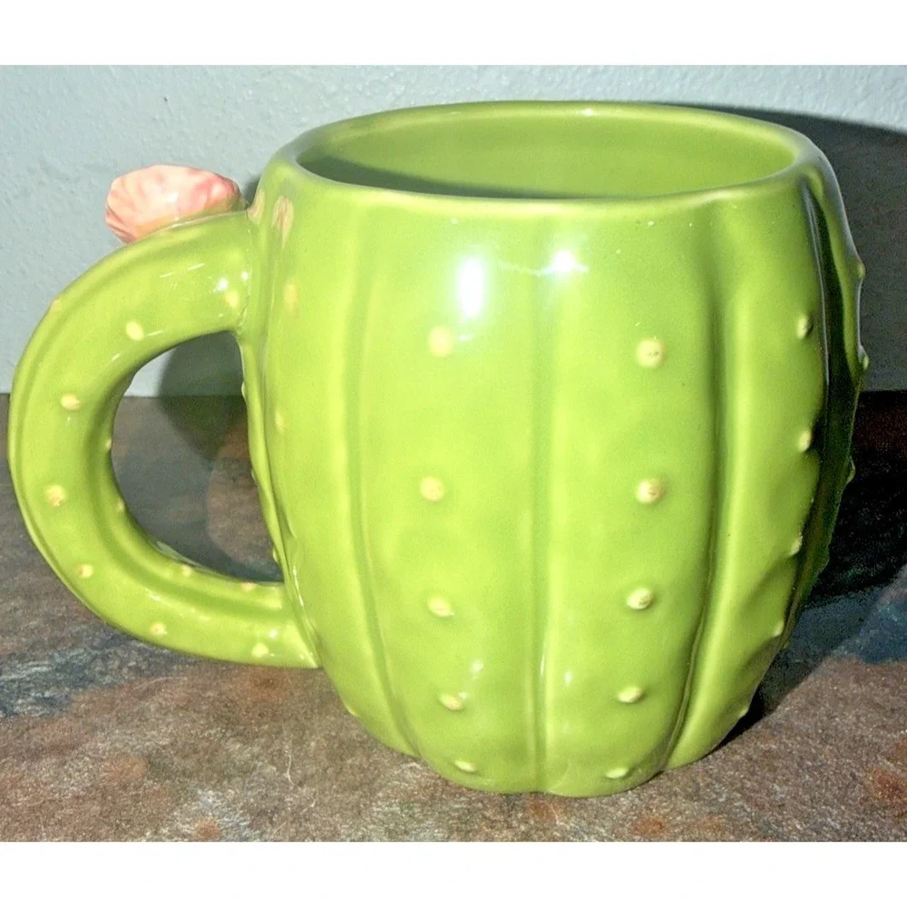 Pier 1 Cactus Mug Green Stoneware Flower Handle Coffee Cup EUC